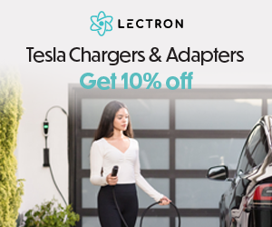 Lectron Tesla chargers and adapters ad with woman charging vehicle
